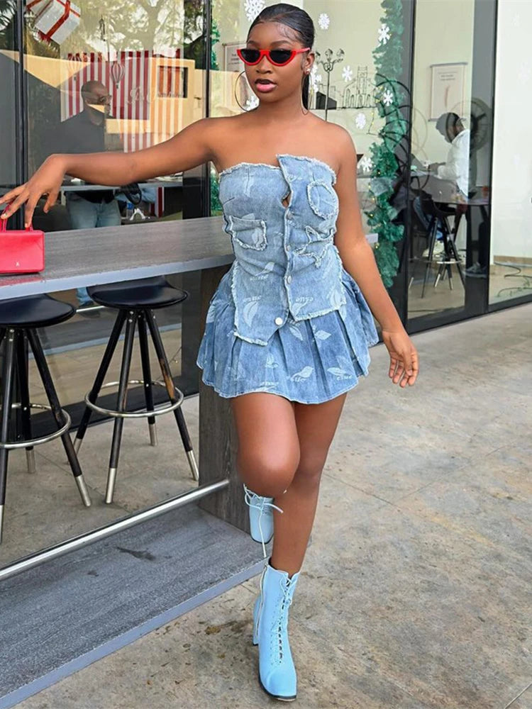 LIZAKOSHT  -  Summer Denim Sexy 2 Piece Set Casual Street Outfits Women Strapless Irregular Corset Tops And Pleated Mini Skirt Set