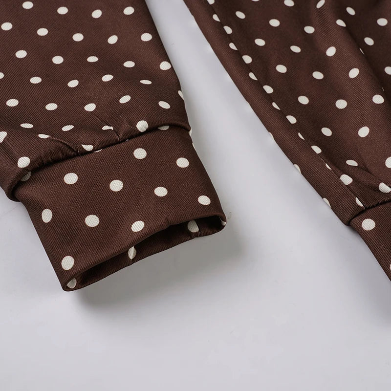 LIZAKOSHT  -  Retro Brown Polka Dot Print Hooded Sweatshirt Women Zip-Up hoodie Coats Clothes Women Autumn Going Out Outfit Streetwea