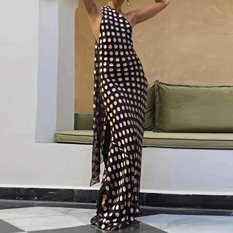 LIZAKOSHT  -  Elegant Hanging Neck Backless Off-shoulder Polka Dot Chiffon Slimming Irregular Long Dress Party Vacation Clothes For Women