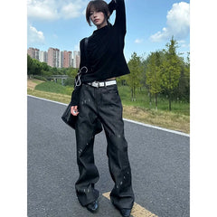 LIZAKOSHT  -  American Style Raw Denim Women's Workwear Patchwork Jeans Fashion Clean Fit Slightly Flared Straight Leg Denim Pants