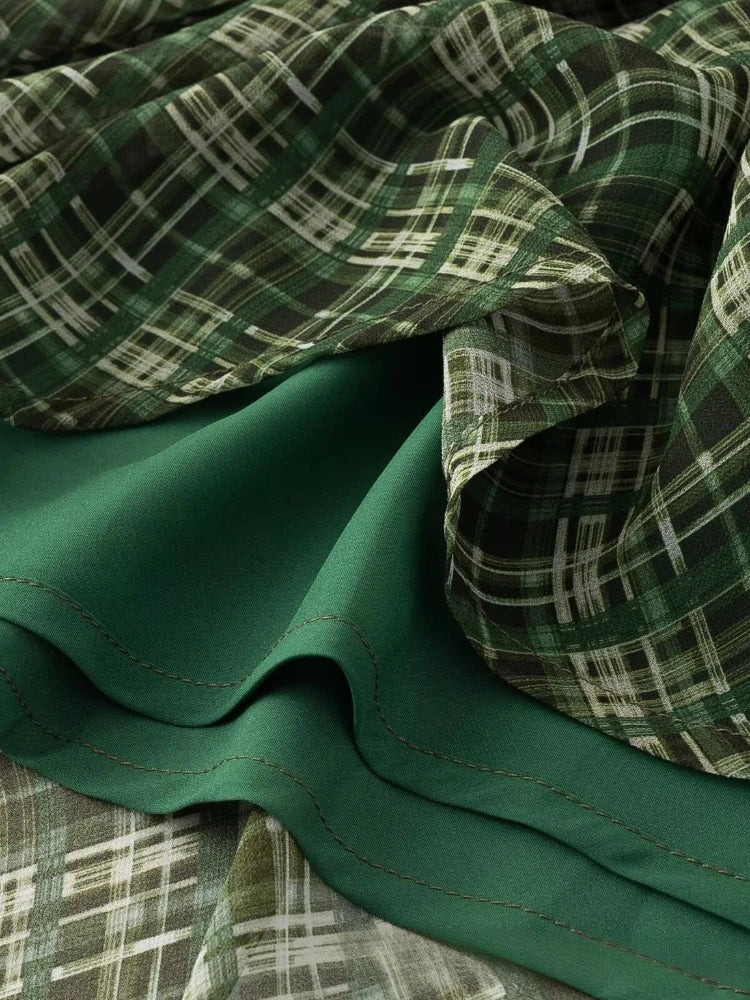 LIZAKOSHT  -  Summer New Women's Clothing French Green Grid Square Collar Lace Patchwork Jumpsuit Sweet and Fresh Club Party Long Dress