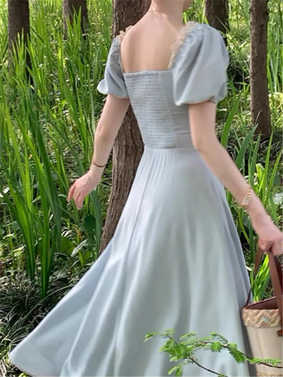 LIZAKOSHT  -  Midi Dress Women Elegant Summer New Fashion Evening Party Lady Vestidos Vintage Lace Up Dresses Female Korean Slim Clothes