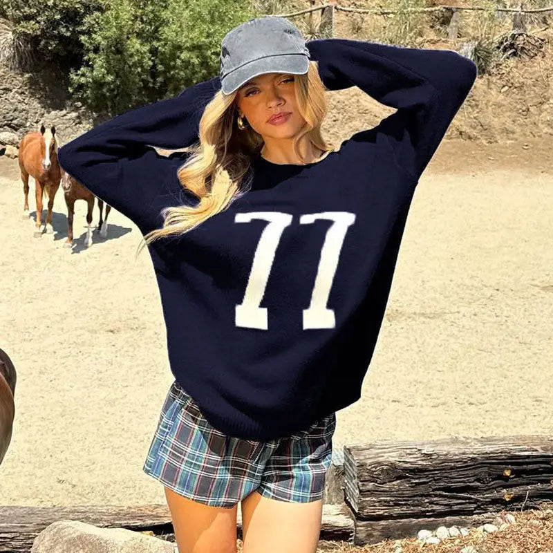 LIZAKOSHT  -  Pullover Knitted Sweater Contrasting Color Digital Print Round Neck American Basic Slim  Hot Girl Sweater Autumn Winter