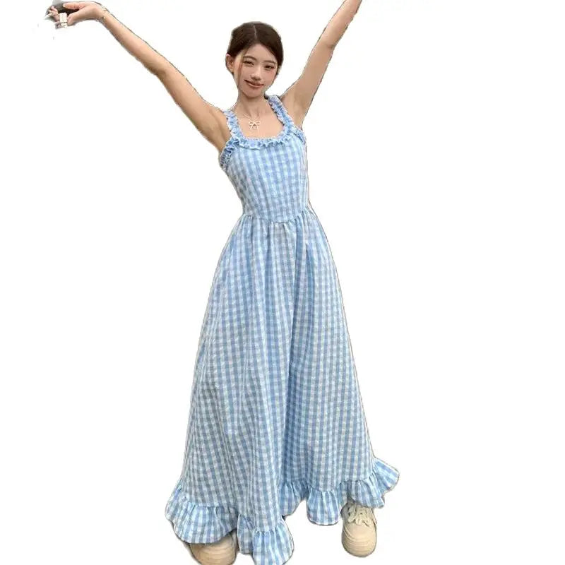 LIZAKOSHT  -  Suspender Long Skirt Fungus Edge Plaid New Sea Salt Ice Cream Women'S Fresh Summer Sweet Retro Long Dress