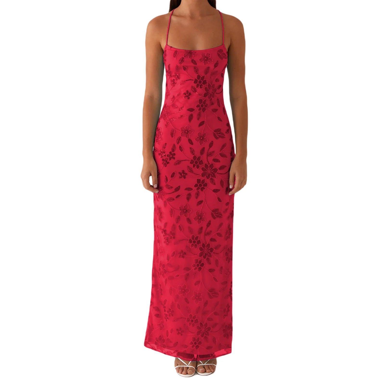 LIZAKOSHT  -  Women Summer Glitter Sequin Beaded Flower Cami Dress Slim High Split Spaghetti Strap Open Back Long Dresses for Party Club