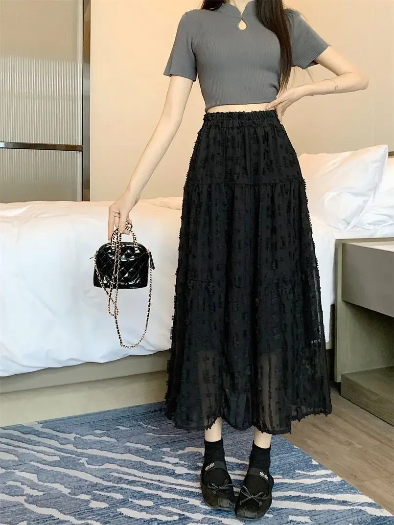 LIZAKOSHT  -  Autumn Elegant A-line Slim fit Half Skirt for Women Korean Style Mesh Wooden Ear Edge Splicing Chiffon Women's Half Skirt