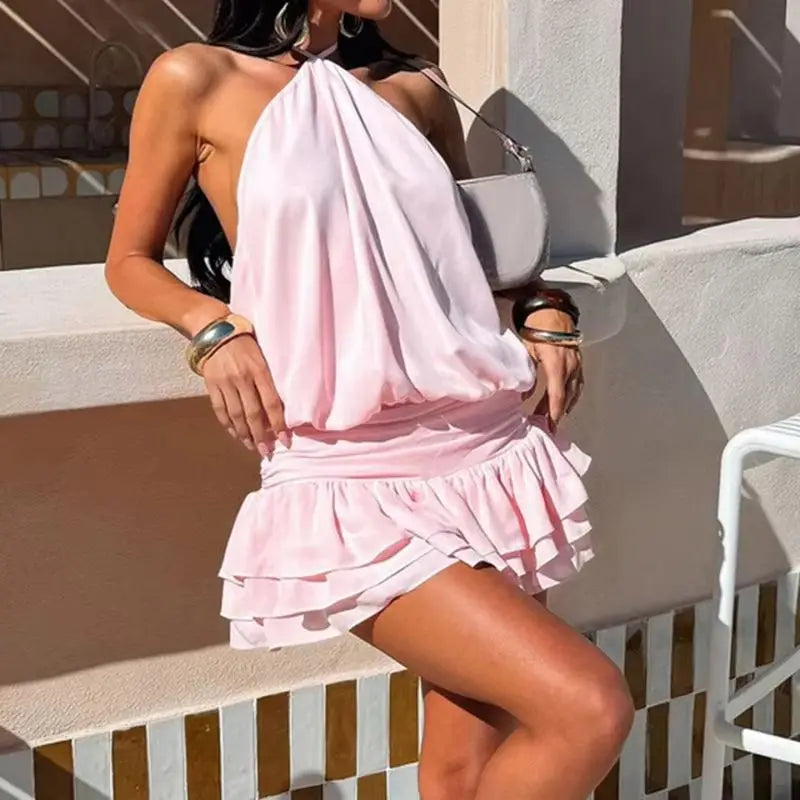 LIZAKOSHT  -  Chic Halter Tie Neck Mini Dress Solid Color Sexy Open Back Ruffle Short Dress Women Summer Flowy Beach Sundress Party Clubwear