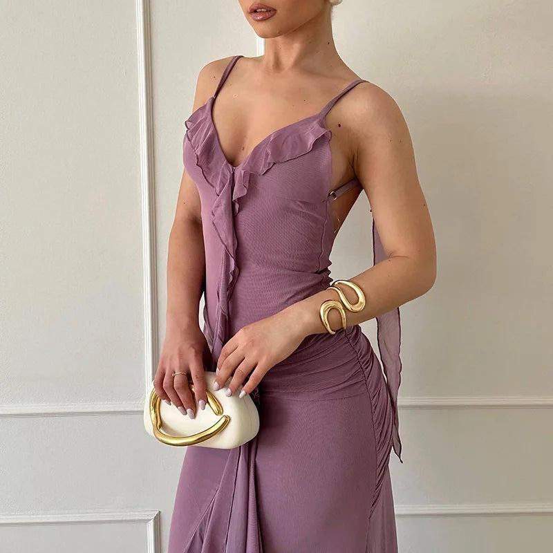 LIZAKOSHT  -  Ladies Sexy Deep V Neck Ruffle Slim Bodycon Dress Spring Solid Flower Draped Party Dress Summer Backless Straps Long Dress Mujer