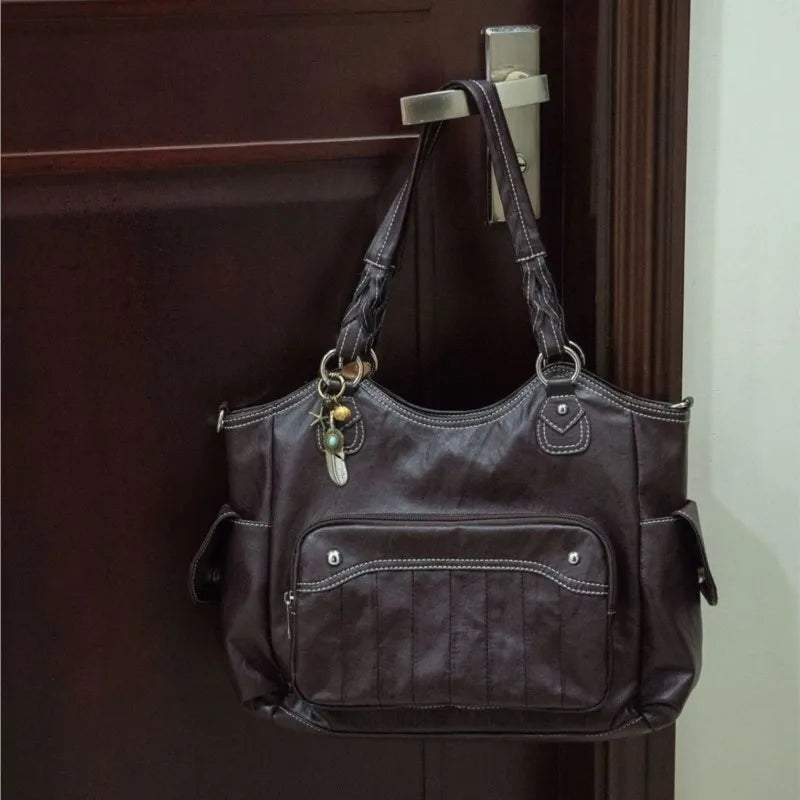 LIZAKOSHT  -  Retro Mulard Coffee Tote Bag Women PU Leather Large Capacity Shoulder Bag Ladies Harajuku Commute Versatile Underarm Bag