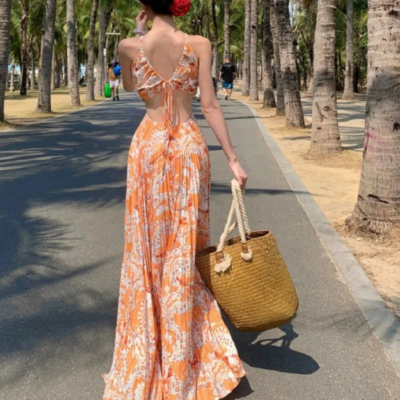 LIZAKOSHT  -  Summer Seaside Print Hanging Neck Sexy Backless Holiday Long Dresses Women Pressure Pleated Super Fairy Big Swing Dress