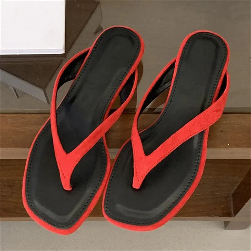 LIZAKOSHT  -  Women Flip Flops Flat Sandals Summer New Square Toe Suede Slippers Casual Beach Slides Fashion Ladies Non-slip Shoe