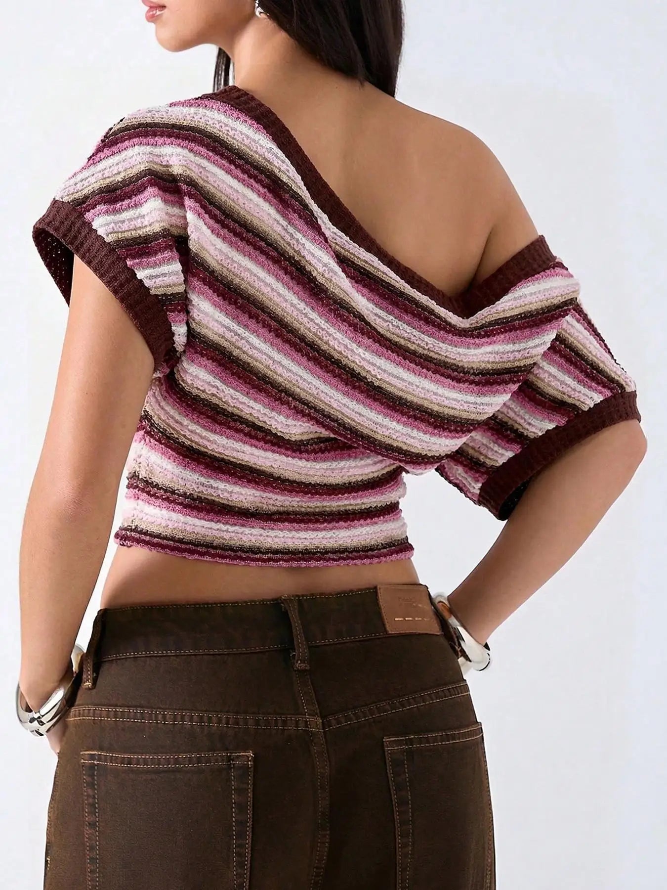 LIZAKOSHT  -  Colorful Bohemian Y2K Spicy Retro Hollow Knitted T-Shirt Asymmetrical Shoulder Line Batswing Sleeve Waist Cinched Top