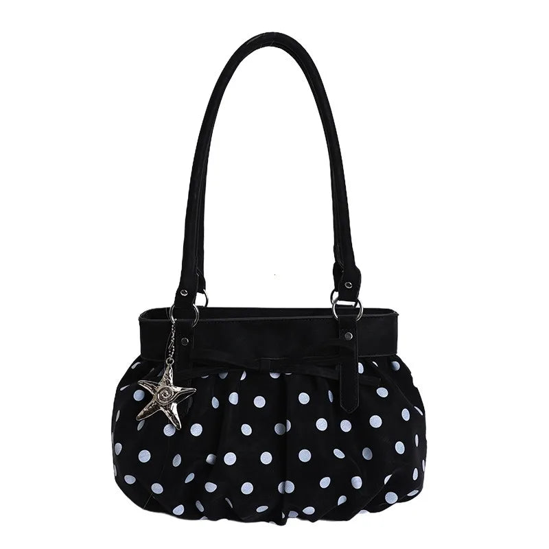 LIZAKOSHT  -  Polka Dot Ruched Shoulder Bag With Star Pendant Women Bow Decor Large Capacity Hobo Bag Retro Versatile Handbag For Daily Commut