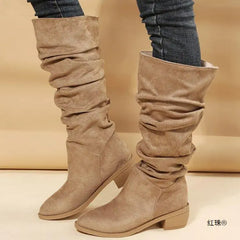 LIZAKOSHT  -  British Style Chunky Heel Pointy Toe Western Biker Boots Riding Boots New Suede Midi Boots Plus Size Ladies Boots