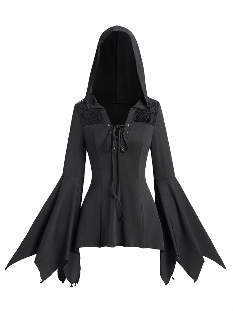 LIZAKOSHT  -  Lace Panel Flare Sleeve Hooded Top Plain Color Lace Up Long Sleeve Gothic Top Spring Fall Black Tops New