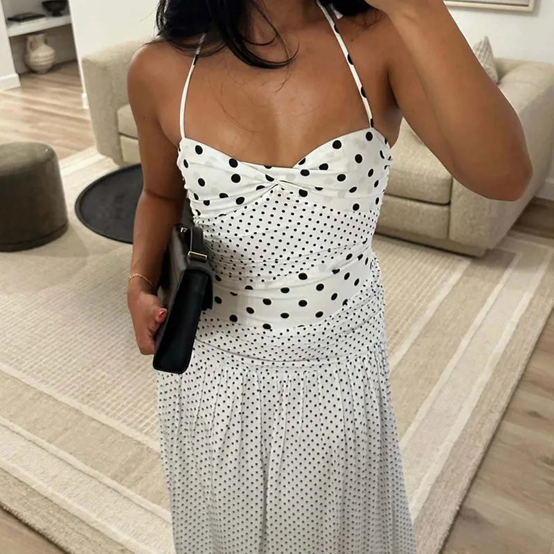 LIZAKOSHT  -  Women Polka Dot Halter Neck Maxi Dress Ruched A Line Vintage Elegant Holiday Beach Vacation Dress Spring Summer Outfit