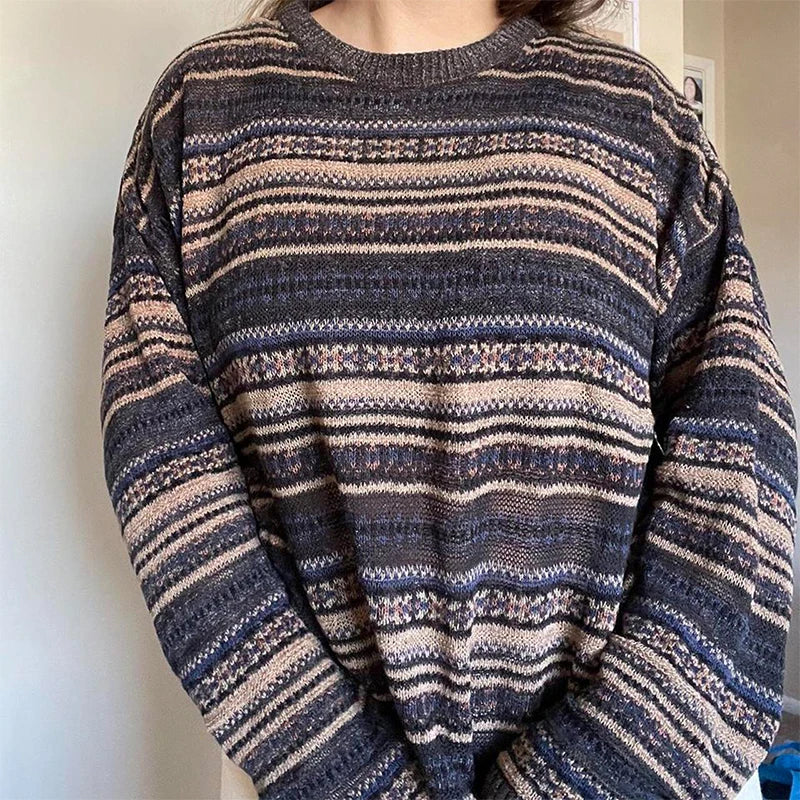 LIZAKOSHT  -  00s Cottage Grunge Striped Knitted Sweater Autumn O Neck Long Sleeve Knitwears Preppy Style Vintage Y2K Baggy Pullovers Women