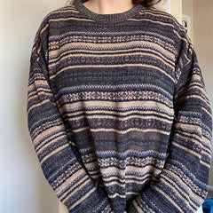 LIZAKOSHT  -  00s Cottage Grunge Striped Knitted Sweater Autumn O Neck Long Sleeve Knitwears Preppy Style Vintage Y2K Baggy Pullovers Women
