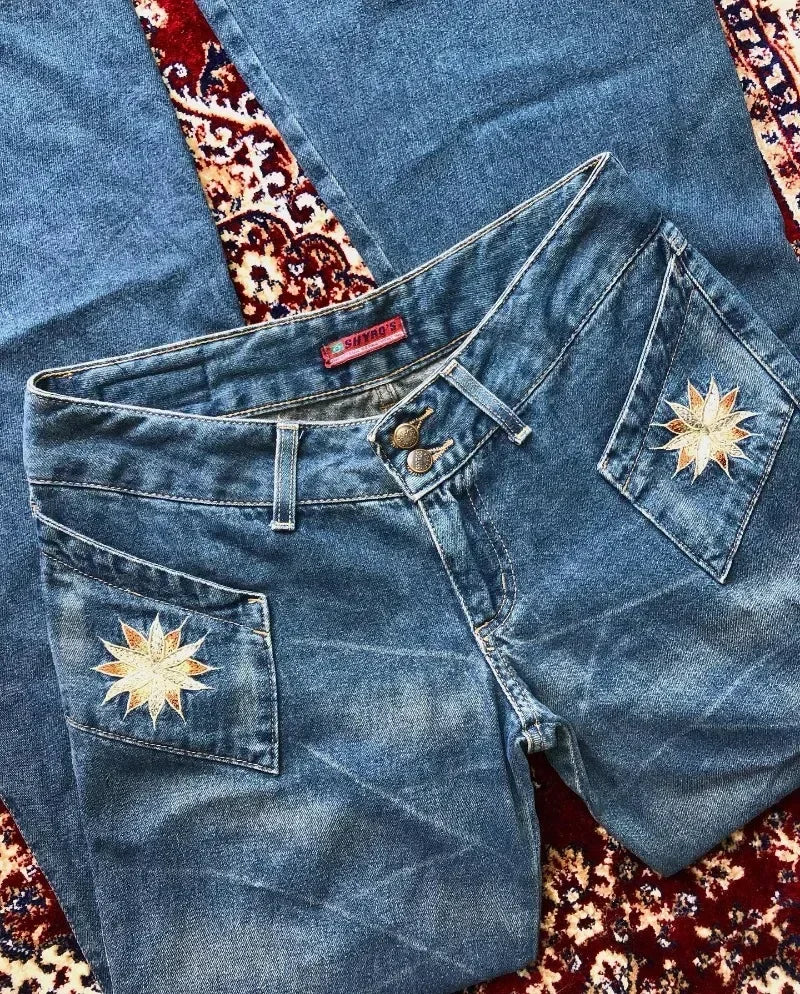 LIZAKOSHT  -  Y2K Harajuku Vintage Hip Hop Casual Slim High Waisted Jeans Streetwear Fashion Blue Washed Flowers Embroidered Baggy Jeans Women