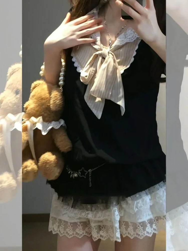 LIZAKOSHT  -  2000s Japan Style Kawaii Lolita Slim Dress Y2k Harajuku Vintage Sweet Summer Short Party Dress Lace Bow Patchwork Mini Dress