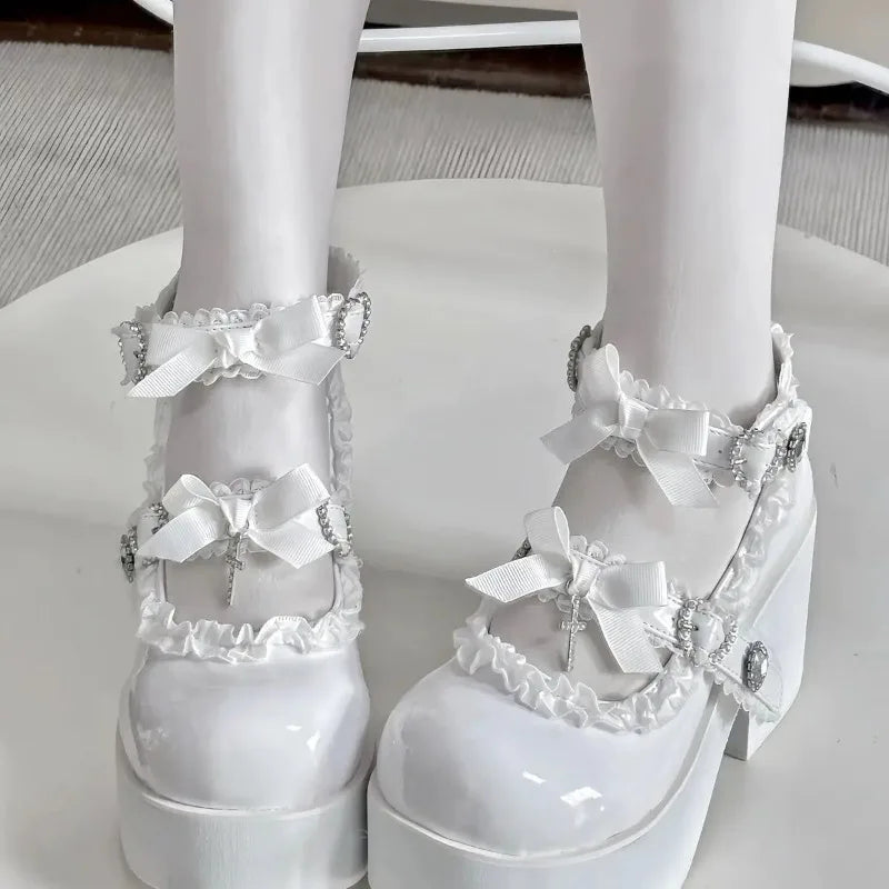 LIZAKOSHT  -   Heightening JK Lolita Leather Shoes Punk High Heel Pumps Cross Stitch Lace Up Platform Thick Sole Versatile Cosplay Loafers