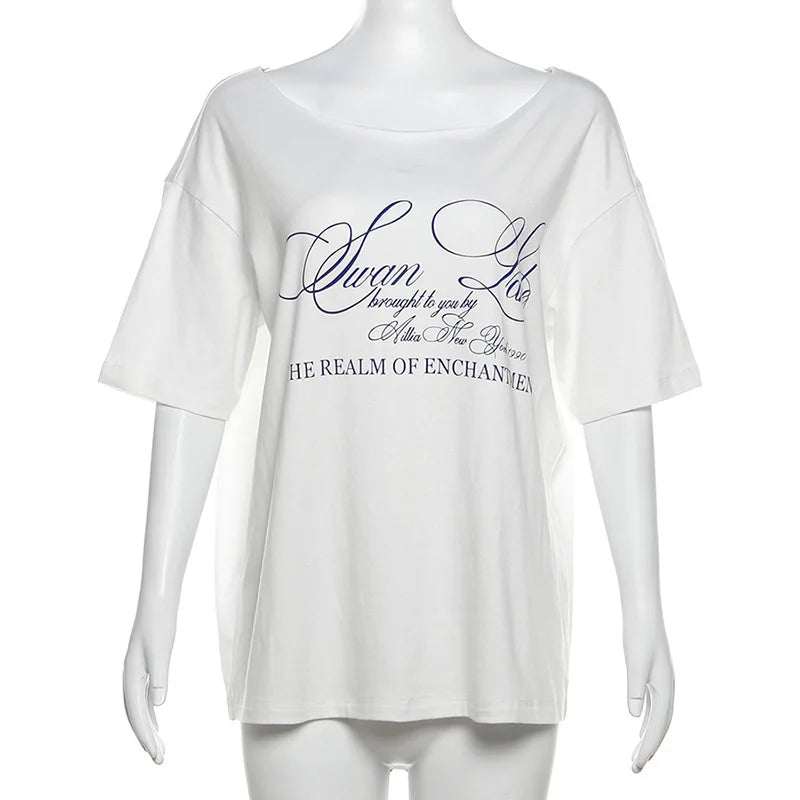 LIZAKOSHT  -  Letter Print Graphic T Shirts White Oversized One Shoulder Tops Womens Summer Fashion Clothing Trends 2025