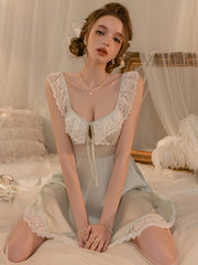 LIZAKOSHT  -  Sexy Lingerie Pajamas Summer Women's Sleepwear New Pure Ice Silk Lace Nightgown Small Chest Pajama Sleep Dress