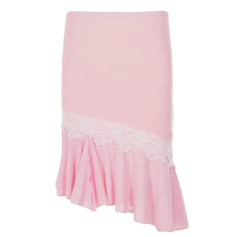 LIZAKOSHT  -  Vintage Sweet Women Summer Lrregular Design Skirt Y2k Aesthetic Spliced Lace Pleated Jupe Casual Vacation Style Streetwear Skirt