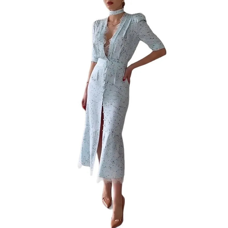 LIZAKOSHT  -  Chic Lace Trimmed Printed Dress Women Elegant Deep V-neck Waist Cinching Split Short Sleeve Maxi Dress Lady Party Vestidos
