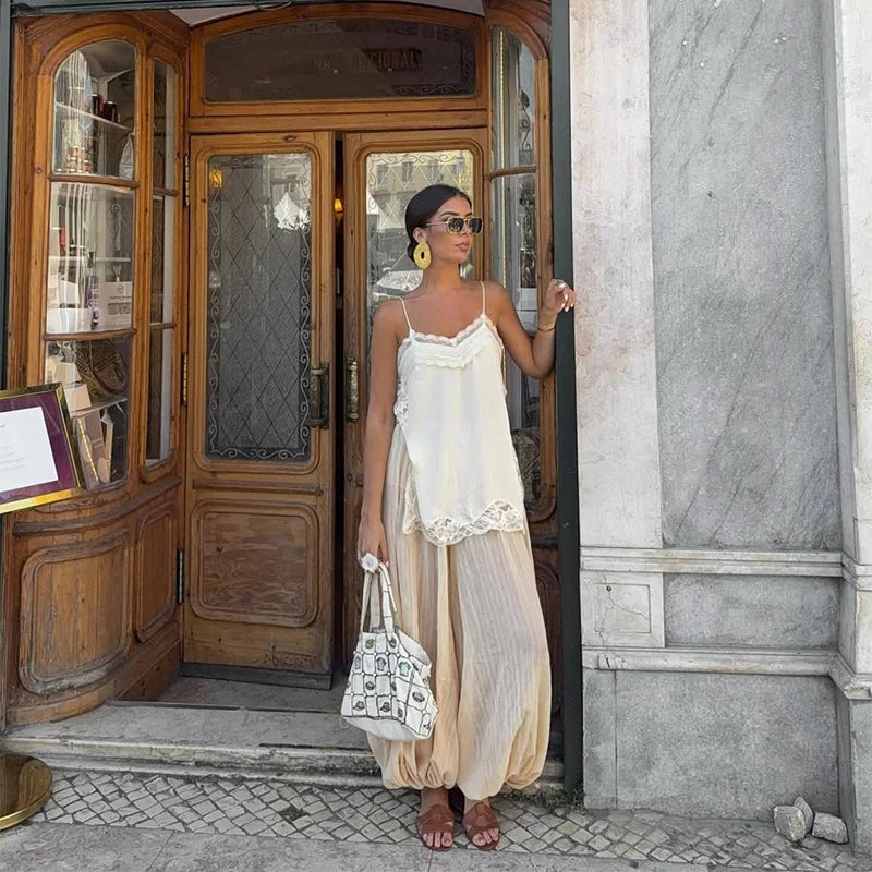 LIZAKOSHT  -  summer Women Loose-fitting Vest Casual Scoop Neck Sweet Spaghetti Strap Chiffon Blouses Ladies Ruffle Hem Flowy Cami Top