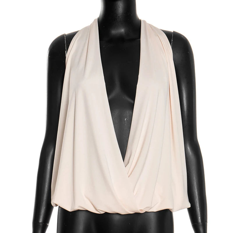 LIZAKOSHT  -  Sexy Irregular Big Swinging Collar Draped Women's Pure Color Sleeveless Fashion Halter Tops Hot Summer Nightclub Streetwear
