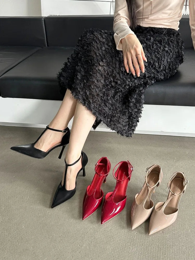 LIZAKOSHT  -  Sexy Red High Heels Women Pointed Toe Party Dress Shoes T-Strap Patent Leather Elegant Slingback Thin Heels Female Sandals Women