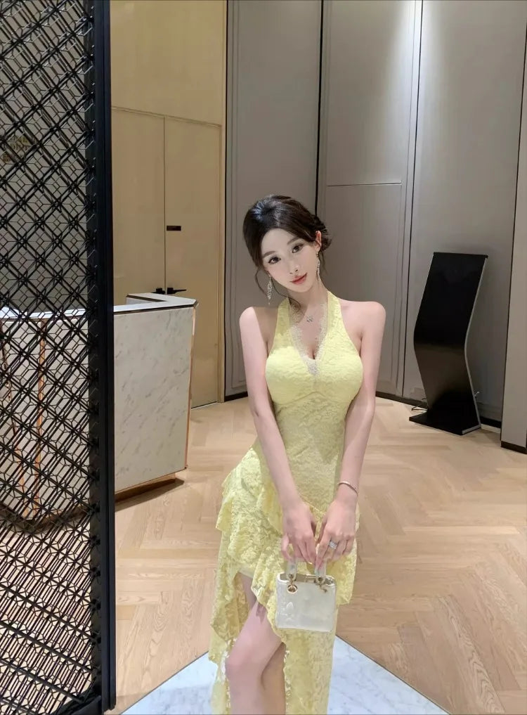 LIZAKOSHT  -  Dresses Women Elegant Sleeveless Lace Patchwork Irregular Slim Halter Backless Sexy Party Dress Sweet Clubwear Female