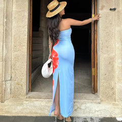 LIZAKOSHT  -  Summer New Sexy strapless Flower Printed Bag Hip Dress for Women Back Split Waist Tight Dresses Vacation style Casual Dress