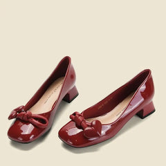 LIZAKOSHT -  Shoes for Women Low Heel Elegant Ladies Summer Footwear Normal Leather Casual Square Toe with Bow Red Genuine Mark Fashion