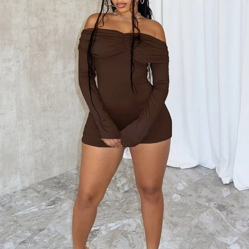 LIZAKOSHT  -  Off Shoulder Long-sleeved Solid Ruched Bodycon Romper Fashion Autumn Women Skinny Slash Neck One Piece Onesies Clubwear Outfits