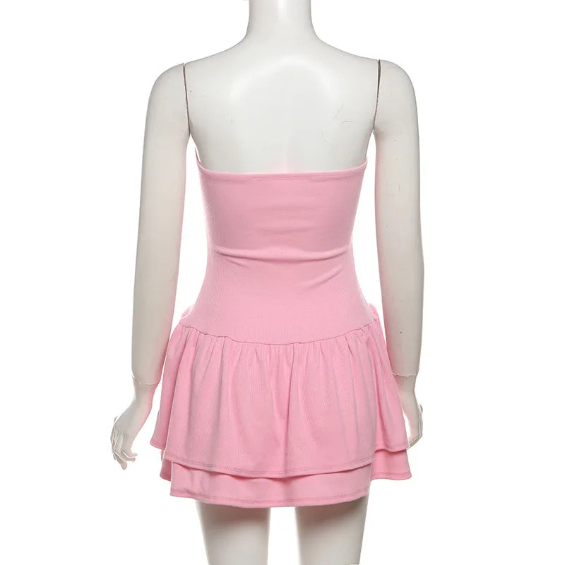 LIZAKOSHT  -  European American Style Summer New Women's Cloth Contrasting Color Splicing One-word Collar Chest-wrapped Ruffle Edge Slim Dress