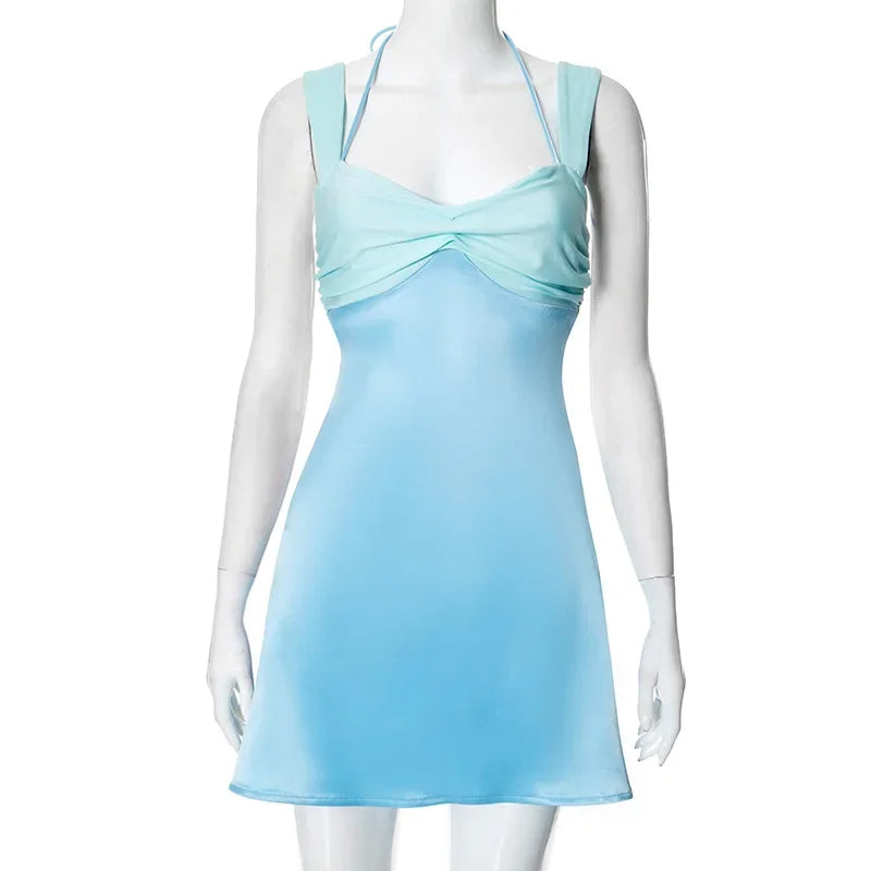LIZAKOSHT  -  Summer Lace Up Halter Beach Vacation Mini Dress Outfits Women Bandage Backless Sleeveless Y2K Streetwear A Line Dresses Vestido