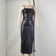 LIZAKOSHT  -  Solid Color Women Clothing Summer Fashion PU Sexy Open Back Lace-Up High Waist Wrap Hip Split Spaghetti Strap Dress