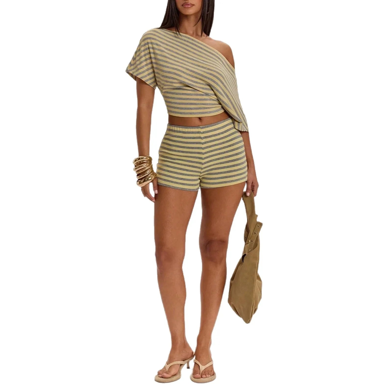 LIZAKOSHT  -  New Slim Fit Home Leisure Short Sleeve T-Shirt High Waist Shorts Set Comfortable Knitted Polyester And Spandex Casual Wear