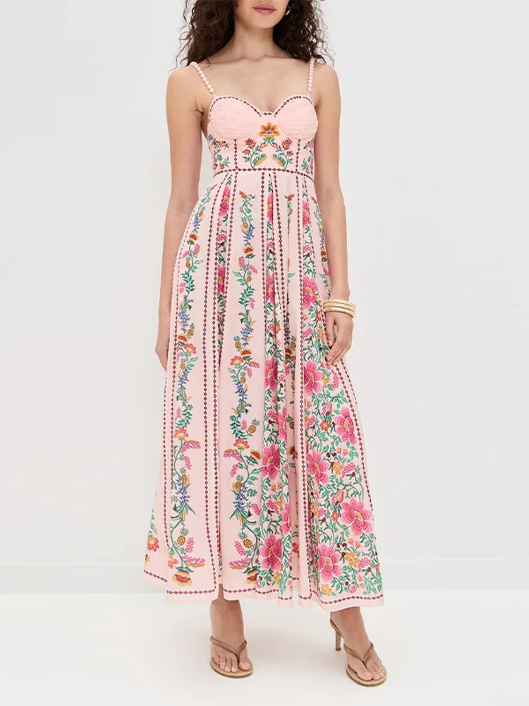 LIZAKOSHT  -  Sexy Printed Bead Sling Dress Women Fashion Sleeveless High Waist Pleated A-line Long Dresses 2025 Lady Summer Chic Party Robes