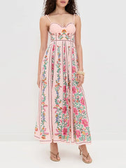 LIZAKOSHT  -  Sexy Printed Bead Sling Dress Women Fashion Sleeveless High Waist Pleated A-line Long Dresses 2025 Lady Summer Chic Party Robes