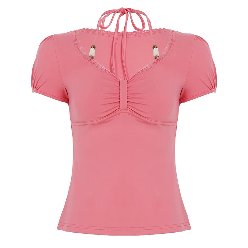 LIZAKOSHT  -  Beaded Halter-neck Top Pink Brown Color Elegant Fashion Slim-fitting T-shirt French Style Chest Folds Clothes Summer