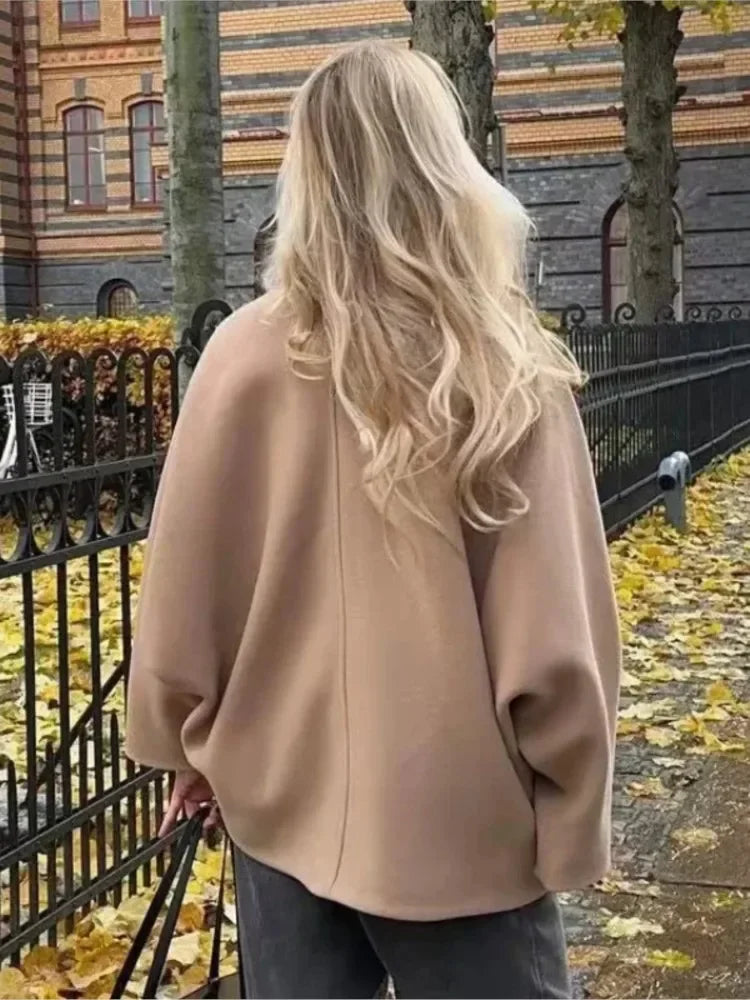 LIZAKOSHT  -  Bat-Sleeve Woolen Coat Black Lapel Single Breasted Casual Loose Thicken Wool Short Overcoat French Winter Women's Outwear Top
