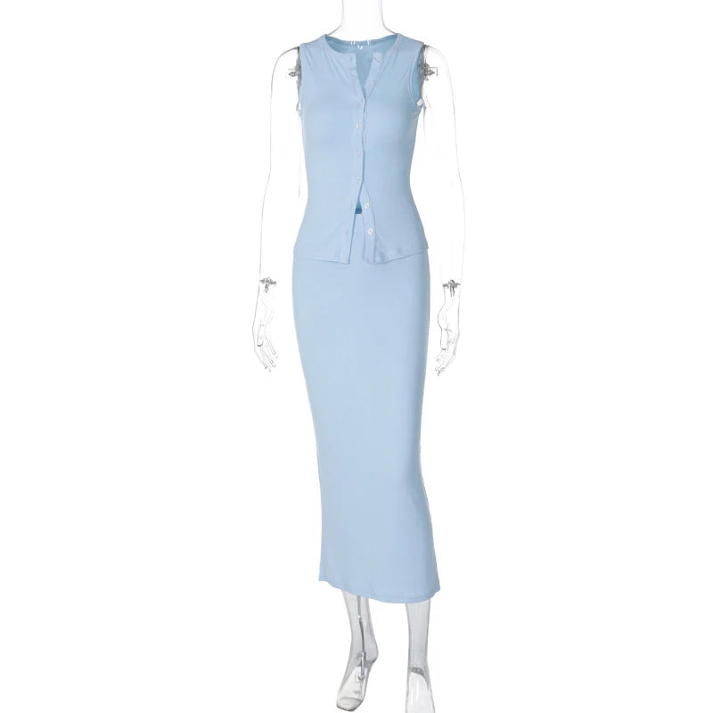 LIZAKOSHT  -  2 Piece Outfits Sexy Women Solid Color Ribbed Buttons Sleeveless Tank Top and Long Skirt Clothes Set 2000s Streetwear