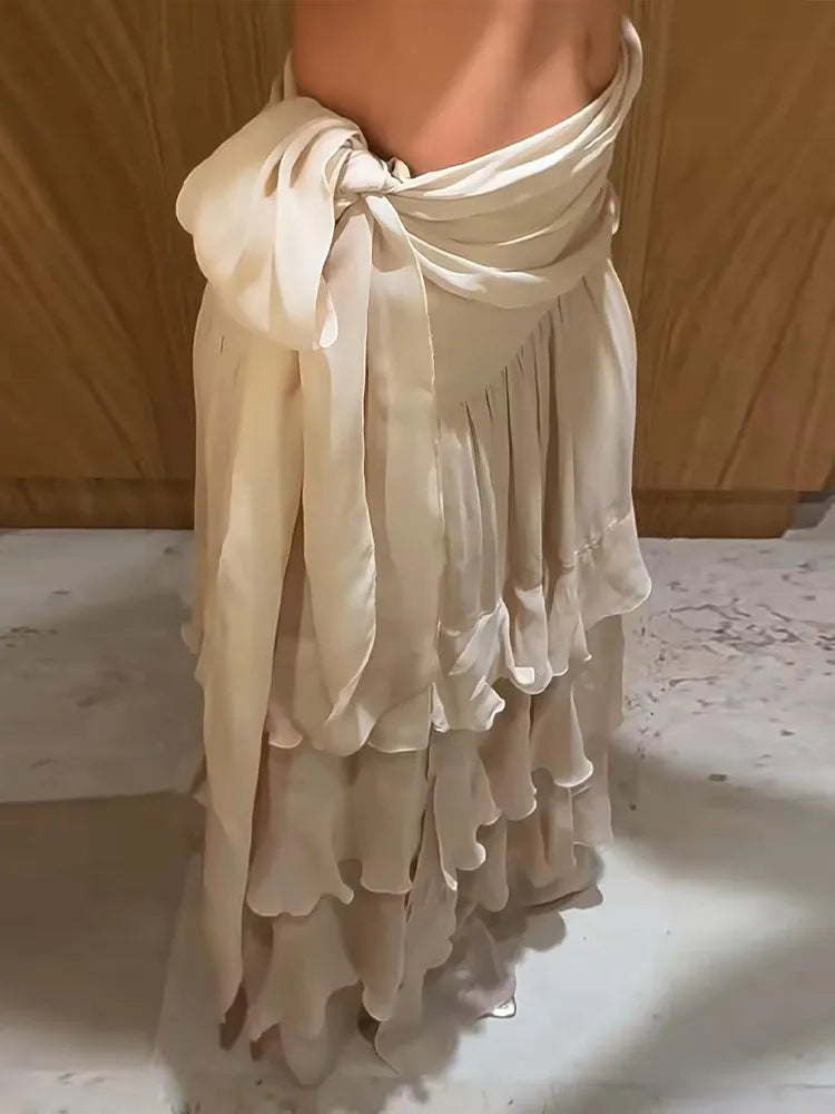 LIZAKOSHT  -  Women's Skirt Beige Ruffled Maxi Skirts Asymmetrical Tiered Hem Waist Tie Wrap Design Chiffon Bottom Vacation Wear Woman Clothes