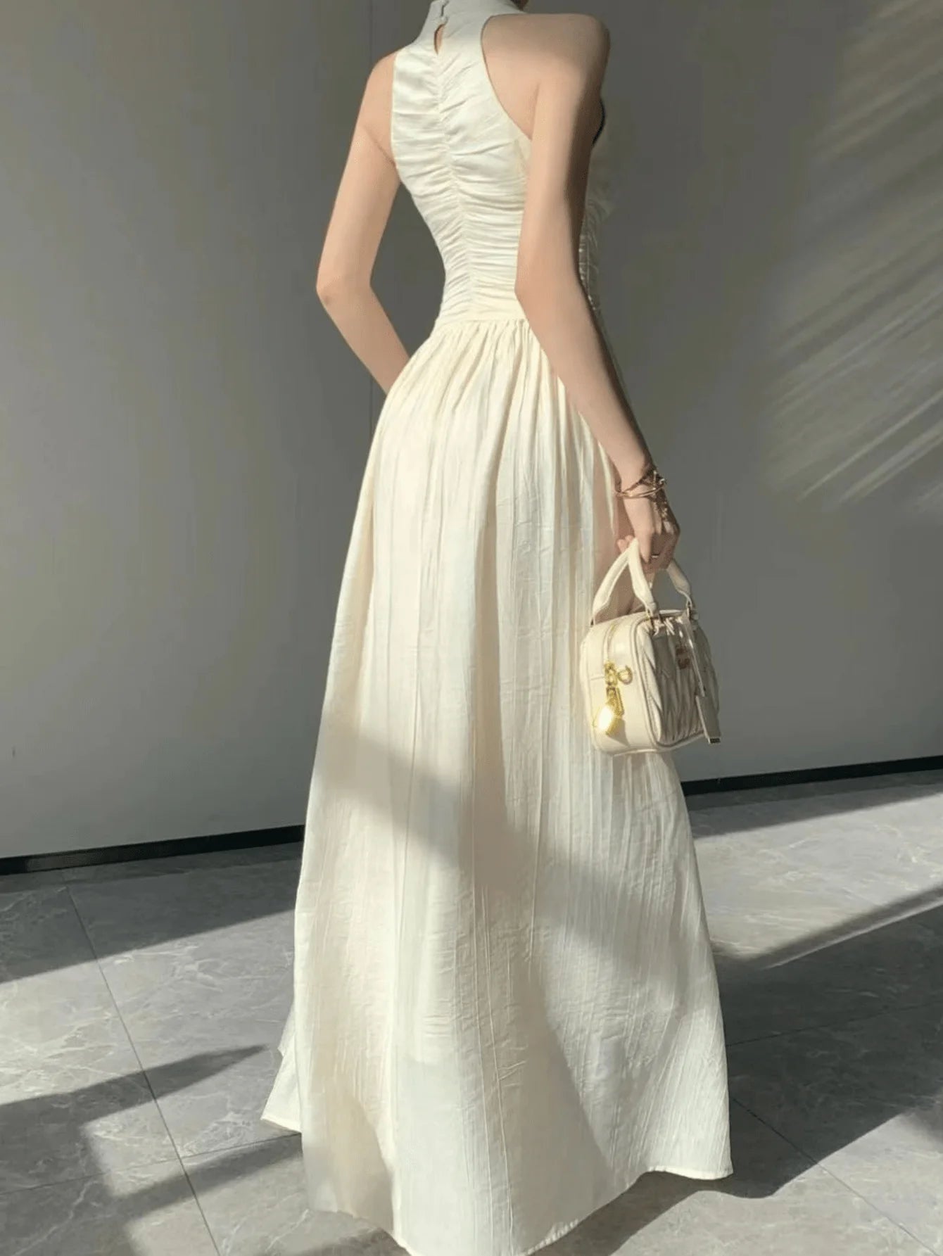 LIZAKOSHT  -  Summer Apricot V Neck Elegant Backless Sexy Club Pleated Vest Long Dress Women High Waist Vacation Slim Evening Party Dress Robe