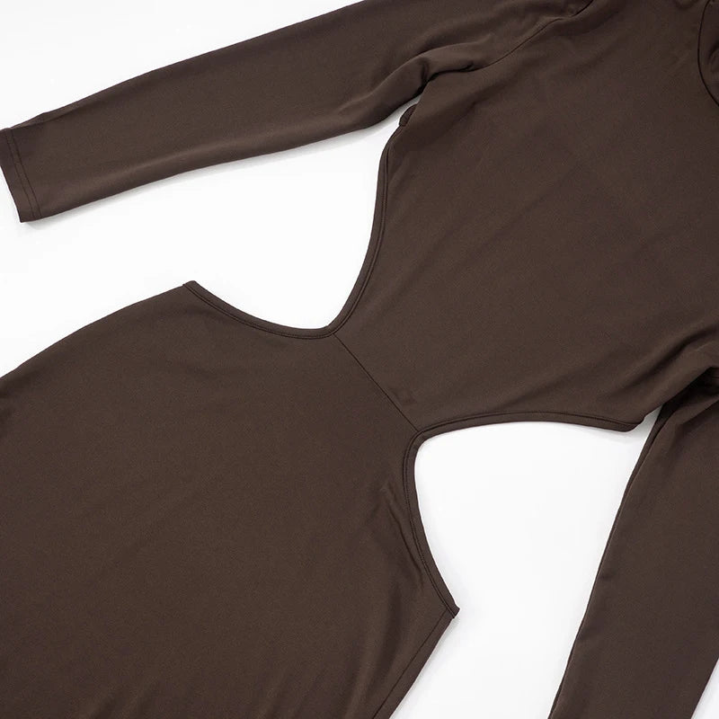 LIZAKOSHT  -  High Collar Hollow Out Solid Color Long-sleeved Bodycon Slim Dresses Sexy Split Skinny Elegant Club Maxi Vestidos