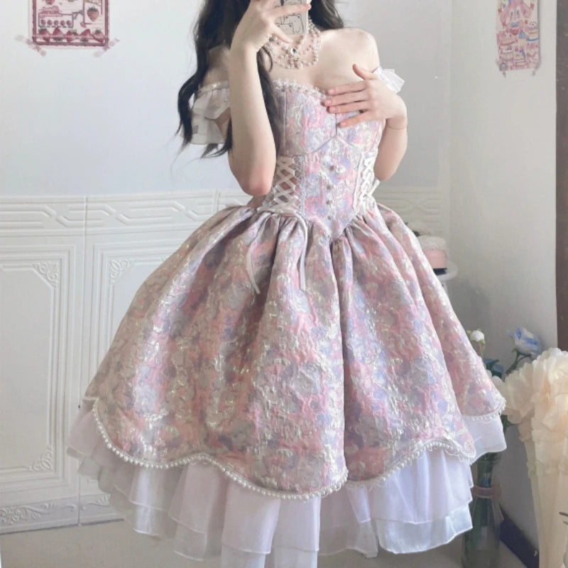 LIZAKOSHT  -  Victorian Vintage Lolita Dress Sweet Elegant Women Lace Ruffles Pearl Slim Bandage Princess Dresses Female Cute Party Mini Dress