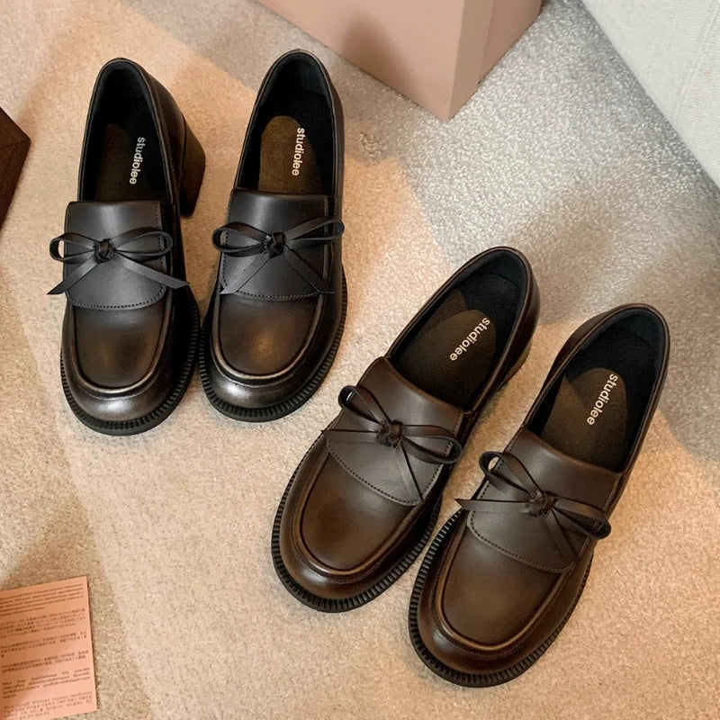 LIZAKOSHT  -  Retro Fashion Chunky Heel Loafers Women Bowknot Round Toe Comfort British Style Casual Soft Leather Shoes Zapatos De Mujer